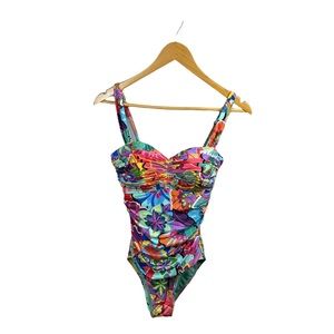 Bleu Rod Beattie Multicolored Floral Print Ruched One Piece Bathing Suit